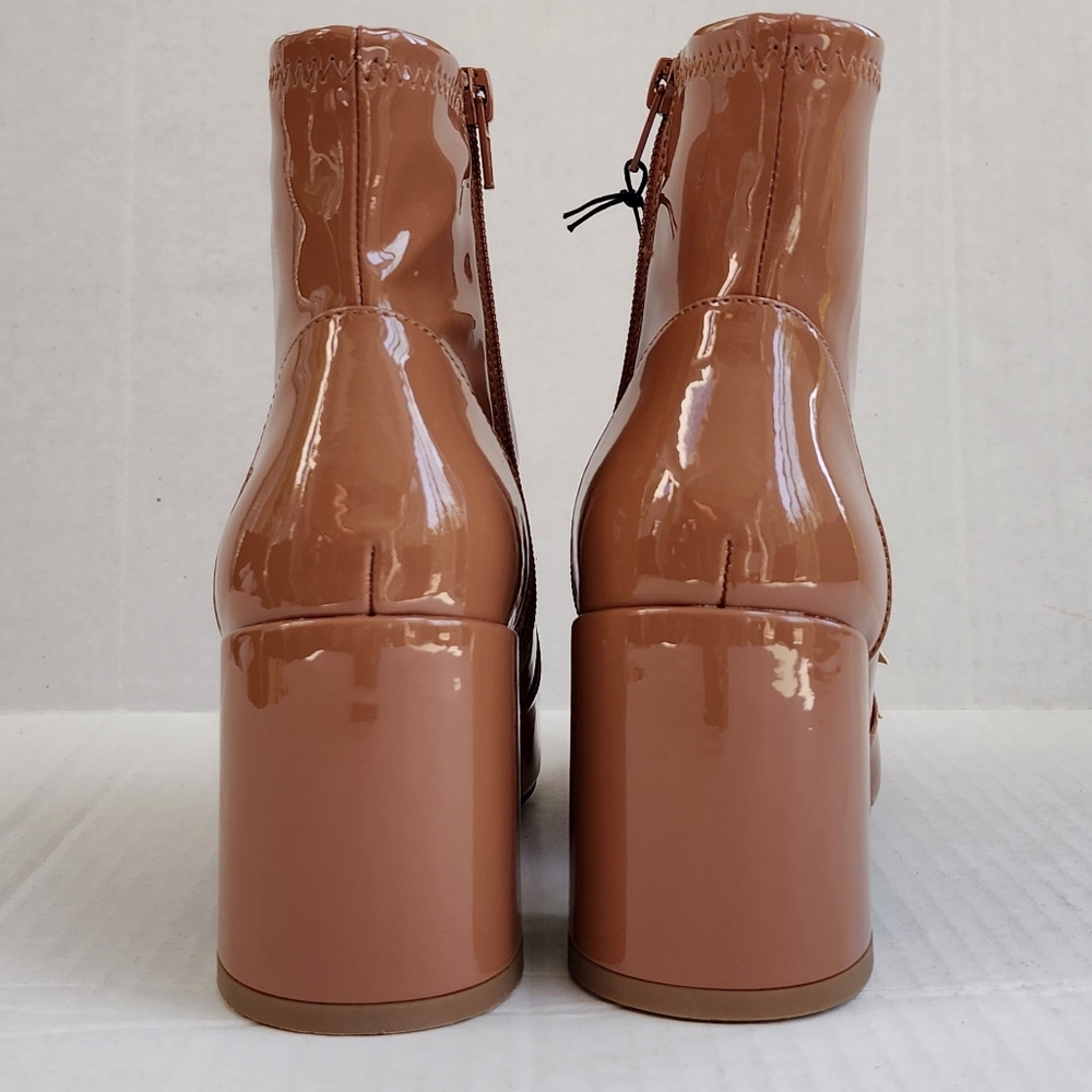 Madden NYC Caramel Tan Patent Leather Side Zip Block Heeled Almond Toe Bootie - Picture 4 of 15